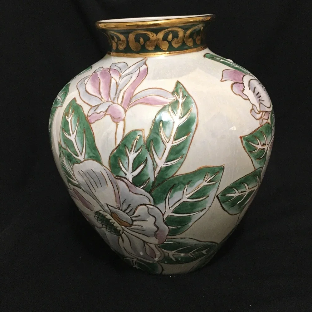 Floral Vase With  Magnolias and Gold Accents Vintage Asian Southern Style‎ Large